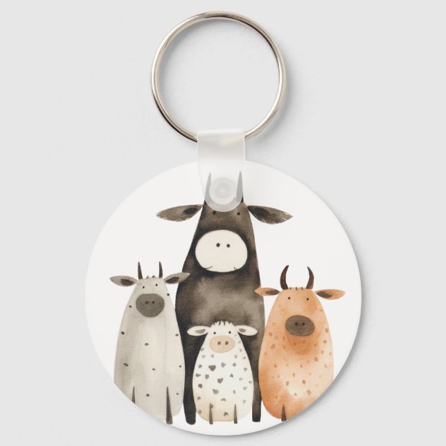 Funny cute watercolor cows familly humour farm  key ring (Front)
