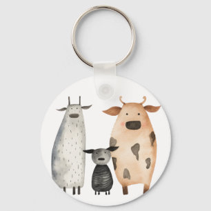 Funny cute watercolor cows familly humour farm  key ring