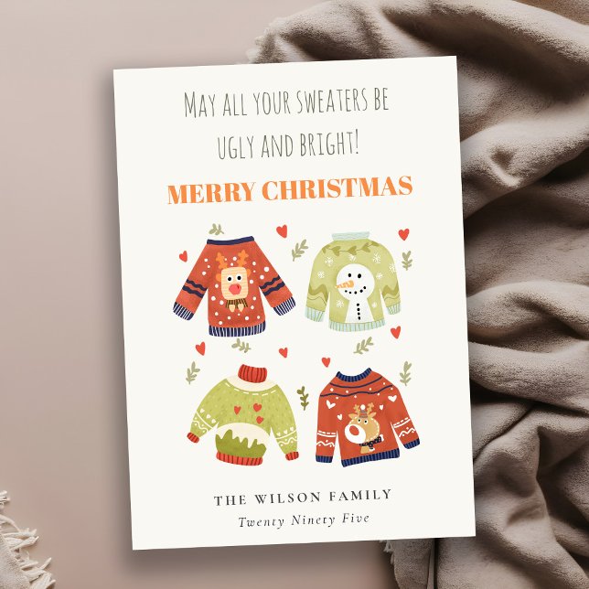 Funny Cute Winter Christmas Hearts Ugly Sweater Holiday Card (Creator Uploaded)