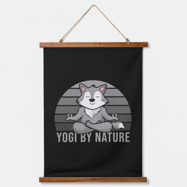Funny cute wolf doing yoga. funny yoga poses  hanging tapestry (Front)