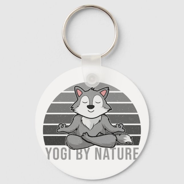 Funny cute wolf doing yoga. funny yoga poses key ring (Front)