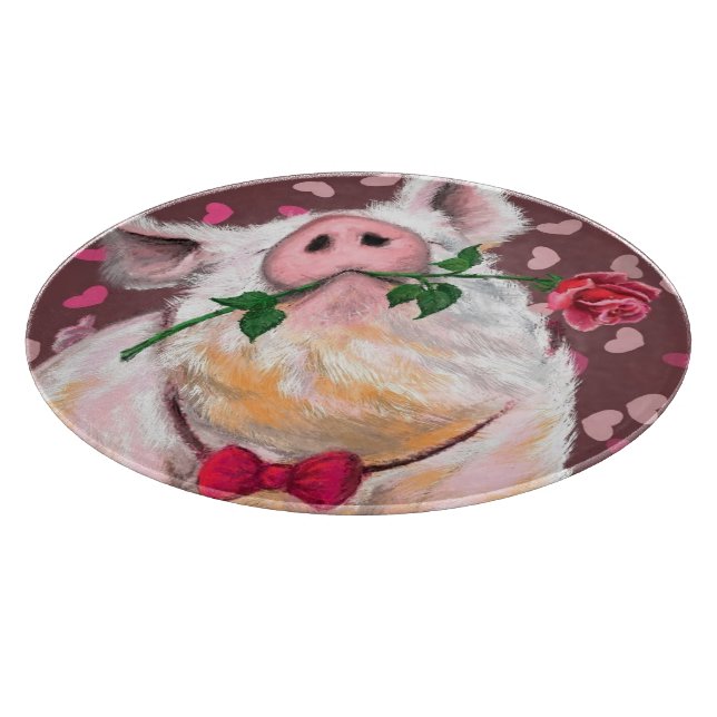 Funny Cutting Board Gentleman Pig with Rose (Corner)