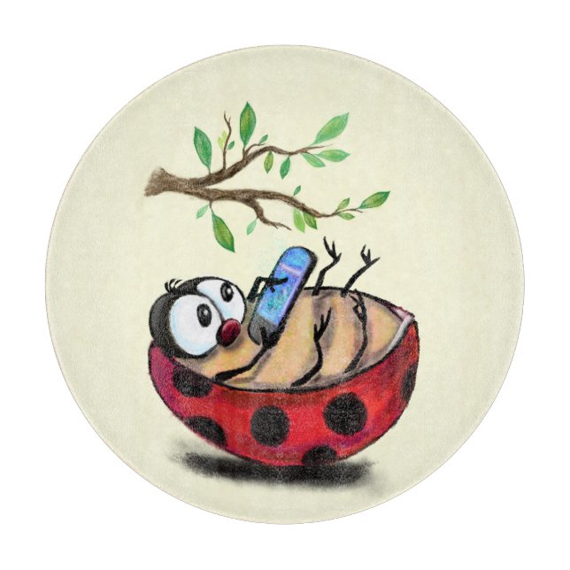 Funny Cutting Board Happy Ladybug with Phone (Front)