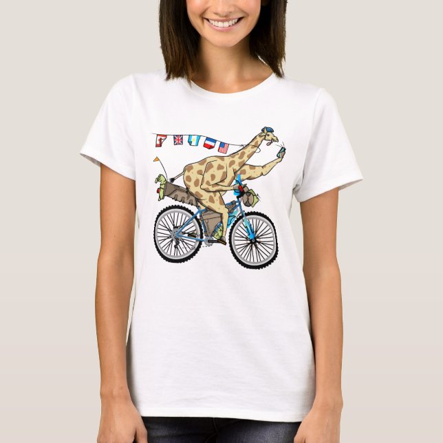Funny cycle touring cartoon giraffe bikepacking T-Shirt (Front)