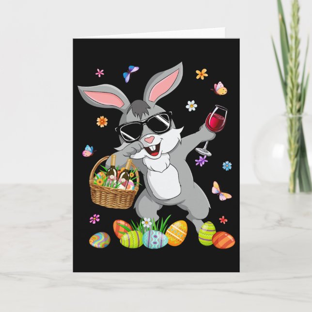Funny Dabbing Bunny And Wine Gl With Egg Bysket Ea Card (Front)