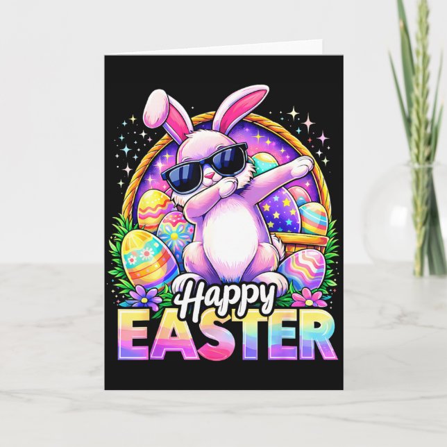 Funny dabbing bunny happy easter sunglasses men card (Front)