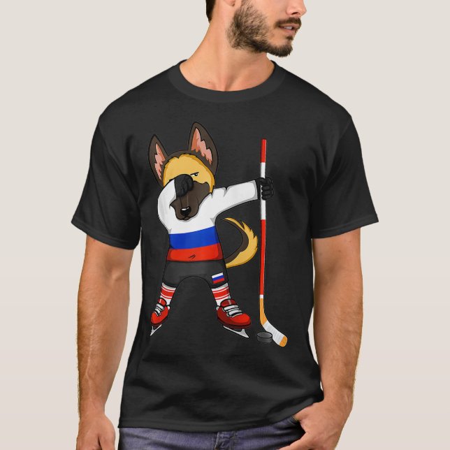 Funny Dabbing German Shepherd Russia Ice Hockey Fa T-Shirt (Front)