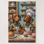 Funny Dachshund Bakery Scene Cute Dog Lover Art Jigsaw Puzzle<br><div class="desc">Two adorable dachshunds take charge of their own cozy bakery,  preparing sweet treats and fresh pastries. The delightful illustration is full of warmth and playful charm that dog lovers will instantly adore.</div>