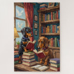 Funny Dachshund Bookstore Reading Dog Lover Art Jigsaw Puzzle<br><div class="desc">Two curious dachshunds explore a cozy bookstore filled with shelves of books and quiet reading corners. The warm and whimsical artwork celebrates curiosity,  imagination,  and the joy of reading.</div>