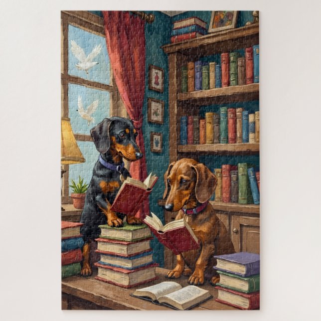 Funny Dachshund Bookstore Reading Dog Lover Art Jigsaw Puzzle (Vertical)