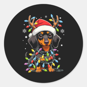 Funny Dachshund Christmas Lights Santa Hat Xmas Classic Round Sticker