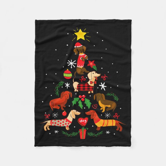 Funny Dachshund Christmas Tree Ornament Decor Gift Fleece Blanket (Front)