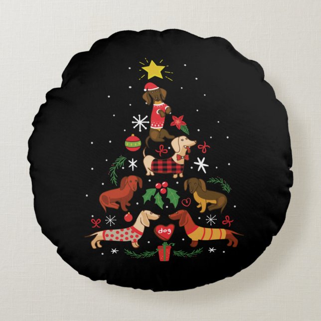 Funny Dachshund Christmas Tree Round Cushion (Front)