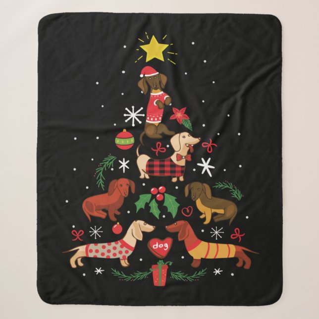 Funny Dachshund Christmas Tree Sherpa Blanket (Front)