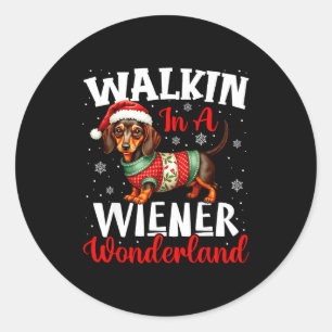 Funny Dachshund Cute Christmas Dog Lover Walking I Classic Round Sticker