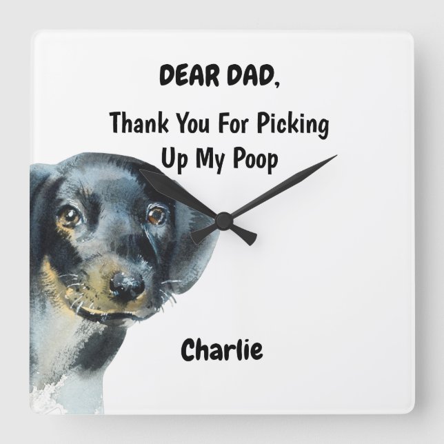 Funny Dachshund Dad Watercolor Canine Art Square Wall Clock (Front)