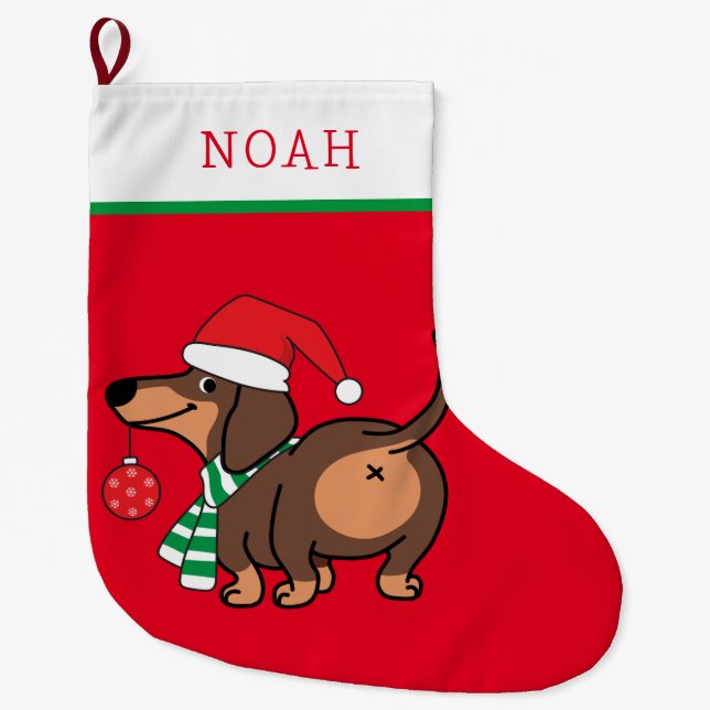 Funny Dachshund Dog Cute Merry Christmas  Large Christmas Stocking (Front)