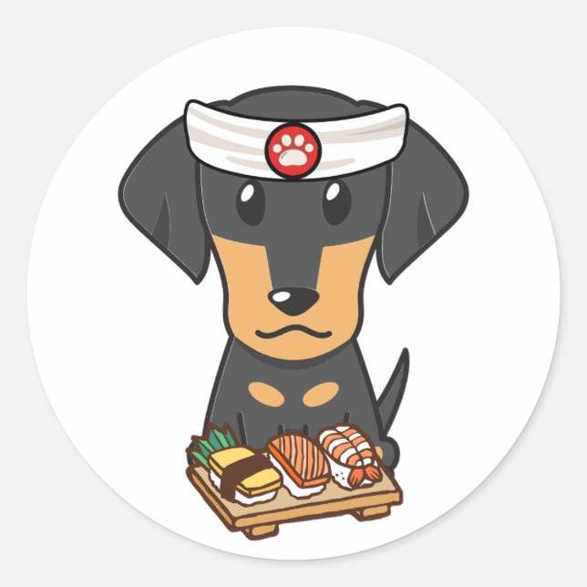 Funny dachshund dog is a sushi chef classic round sticker (Front)