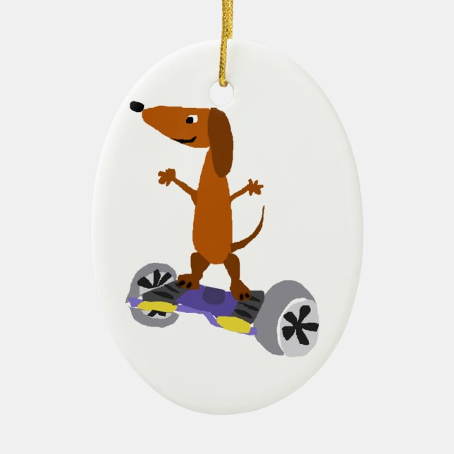 Funny Dachshund Dog on Hoverboard Ceramic Tree Decoration (Front)