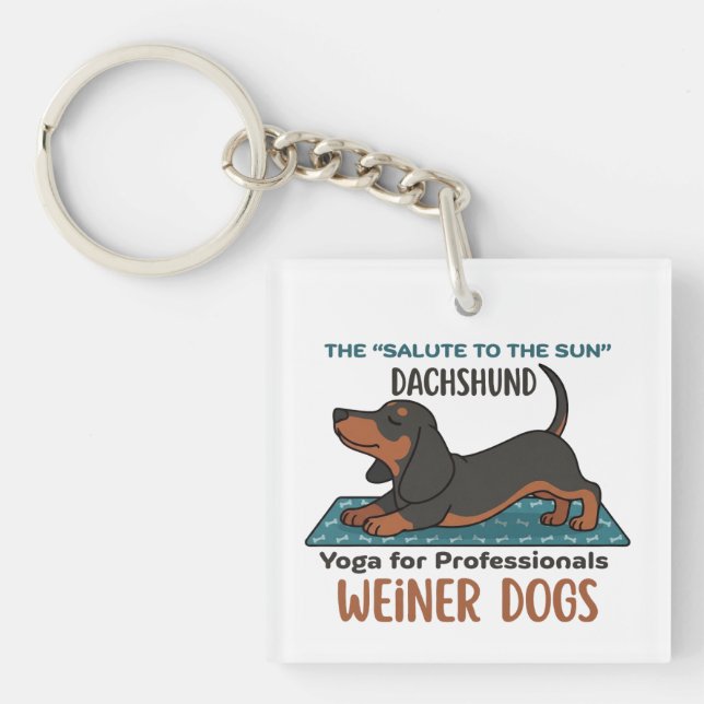 Funny dachshund doing the sun salutation (yoga) key ring (Front)