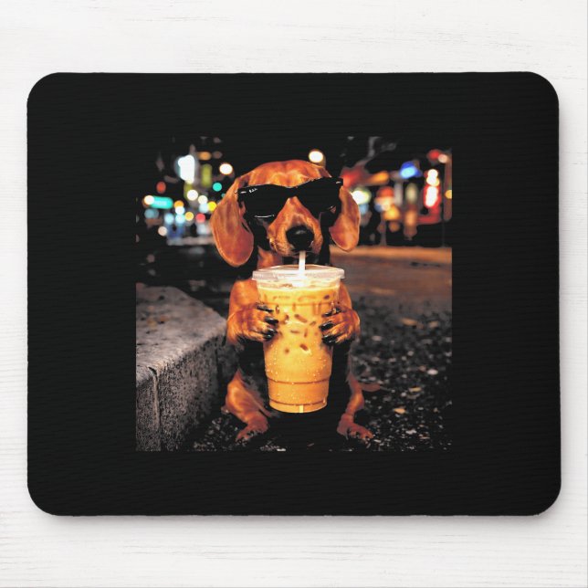 Funny dachshund drinking iced coffee animal meme mouse pad (Front)