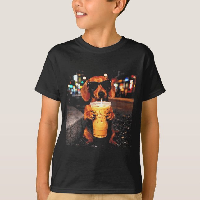 Funny dachshund drinking iced coffee animal meme T-Shirt (Front)