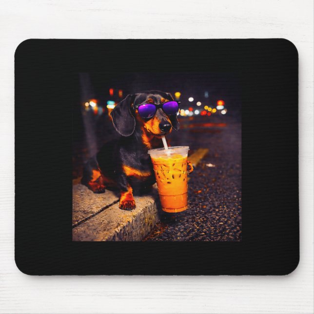 Funny dachshund drinking iced coffee cute dog meme mouse pad (Front)