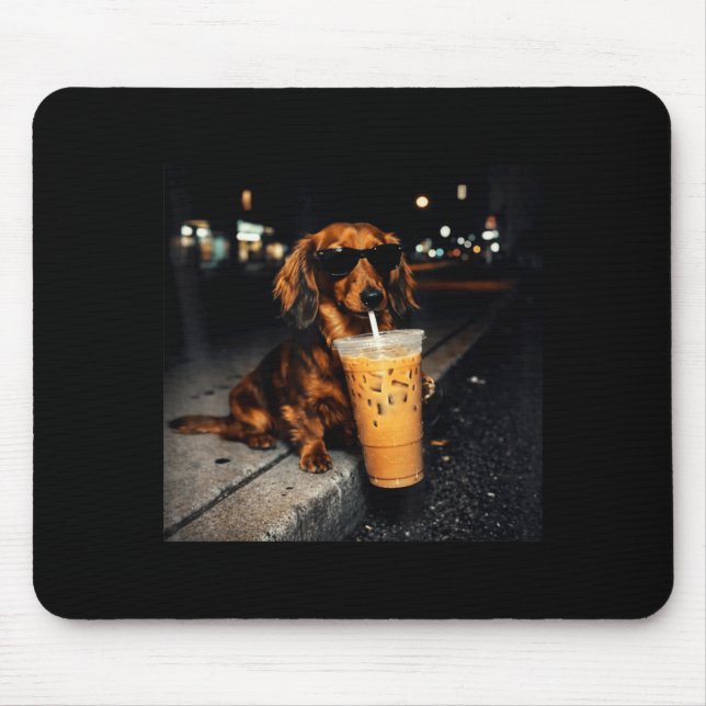 Funny Dachshund Drinking Iced Coffee Cute Dog Meme Mouse Pad (Front)
