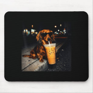 Funny dachshund drinking iced coffee cute dog meme mouse pad