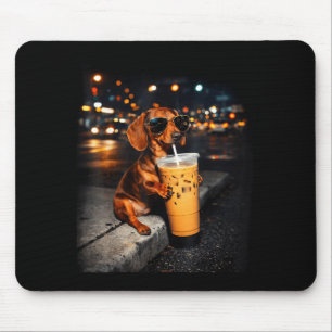 Funny dachshund drinking iced coffee cute dog meme mouse pad