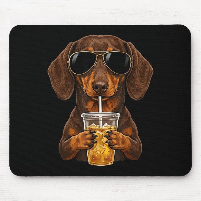 Funny dachshund drinking iced coffee cute dog meme mouse pad (Front)