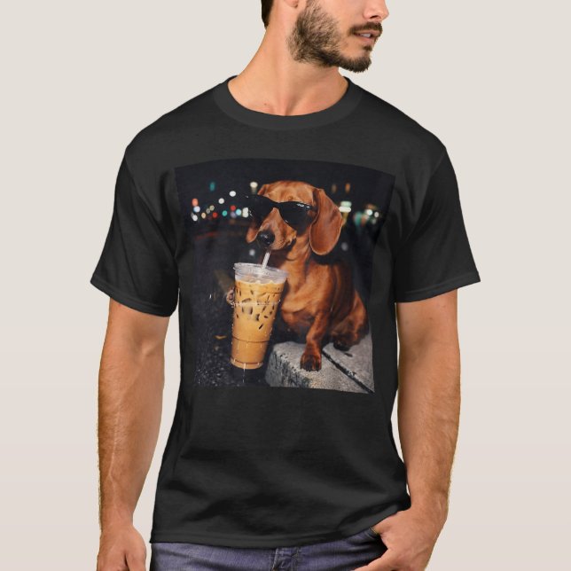 Funny Dachshund Drinking Iced Coffee Dog Meme T-Shirt (Front)