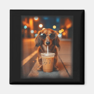 Funny dachshund drinking iced coffee lover dog magnet