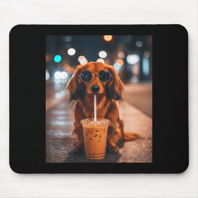 Funny dachshund drinking iced coffee lover dog mouse pad (Front)