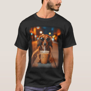 Funny dachshund drinking iced coffee lover dog T-Shirt