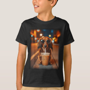 Funny dachshund drinking iced coffee lover dog T-Shirt