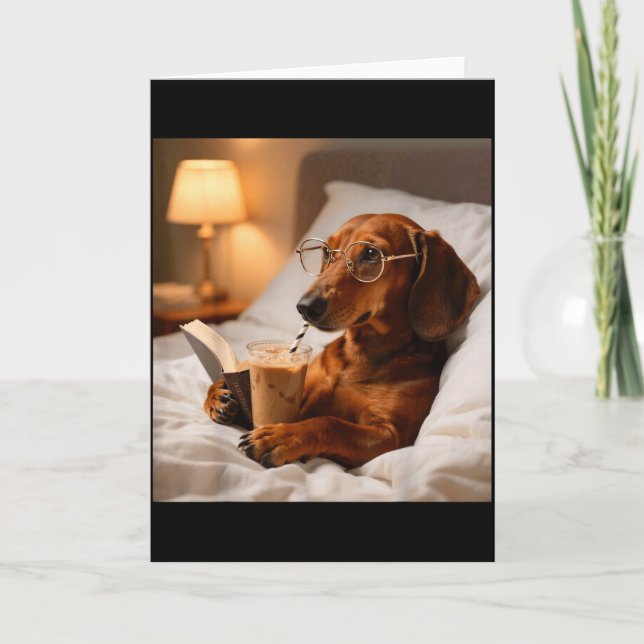 Funny dachshund drinking iced coffee lover humour  card (Front)