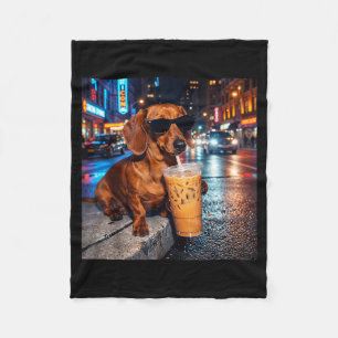 Funny Dachshund Drinking Iced Coffee Lover Humour Fleece Blanket
