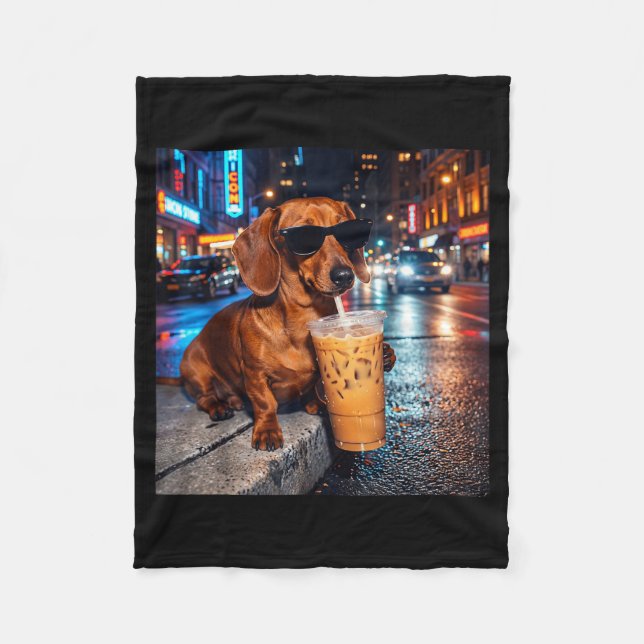 Funny Dachshund Drinking Iced Coffee Lover Humour Fleece Blanket (Front)