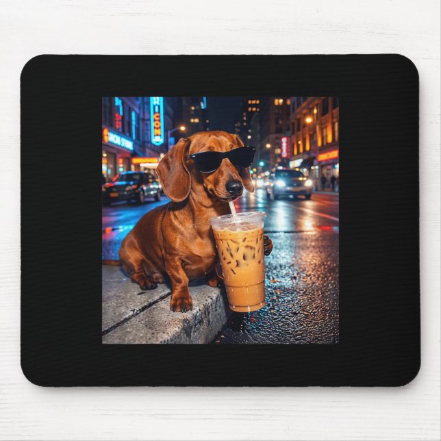 Funny Dachshund Drinking Iced Coffee Lover Humour Mouse Pad (Front)