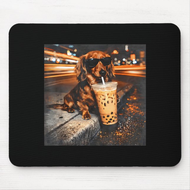 Funny dachshund drinking iced coffee lover humour  mouse pad (Front)