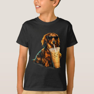 Funny Dachshund Drinking Iced Coffee Lover Humour T-Shirt