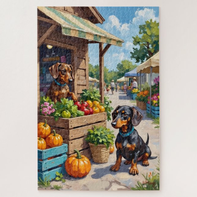 Funny Dachshund Farmers Market Dog Lover Art Jigsaw Puzzle (Vertical)