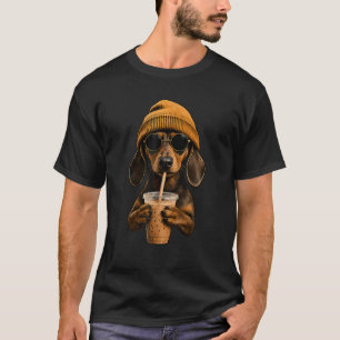 Funny Dachshund Hipster Dog Wiener Dog Drinking T-Shirt