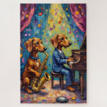 Funny Dachshund Jazz Band Music Dog Lover Art Jigsaw Puzzle<br><div class="desc">Two talented dachshunds bring music to life as they perform together in a lively jazz band. The joyful illustration celebrates creativity,  rhythm,  and playful musical charm.</div>