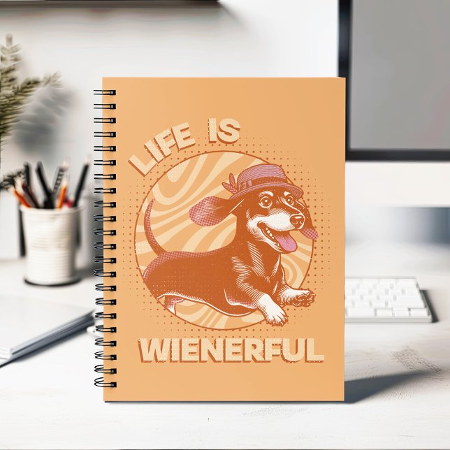 Funny Dachshund "Life is Wienerful" Retro Colours Notebook (This fun and quirky design features an adorable dachshund, complete with a cute fedora hat!)