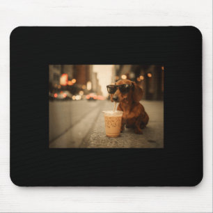 Funny dachshund lover drinking iced coffee humour mouse pad