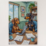Funny Dachshund Office Life Dog Lover Art Jigsaw Puzzle<br><div class="desc">A playful office scene where two determined dachshunds handle their busy workday. From answering calls to typing away at a desk,  the charming illustration adds humor to everyday life.</div>