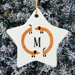 Funny Dachshund Sausage Dog Monogram Ceramic Ornam Ceramic Tree Decoration<br><div class="desc">Cute and funny dachshund,  sausage dogs or wiener dogs in perpetual motion.
Customise by changing or removing the initial.</div>