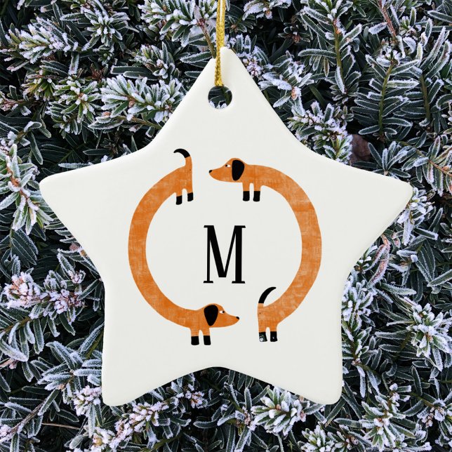 Funny Dachshund Sausage Dog Monogram Ceramic Ornam Tree Decoration (Fun Dachshund Wiener Sausage dog personalized monogram initial ceramic ornament)